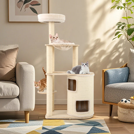 151 cm Wooden Cat Tower with Sisal Scratching Posts and Washable Plush Cushion-Natural