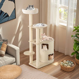 151 cm Wooden Cat Tower with Sisal Scratching Posts and Washable Plush Cushion-Natural
