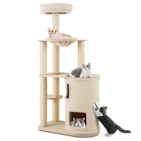 151 cm Wooden Cat Tower with Sisal Scratching Posts and Washable Plush Cushion-Natural