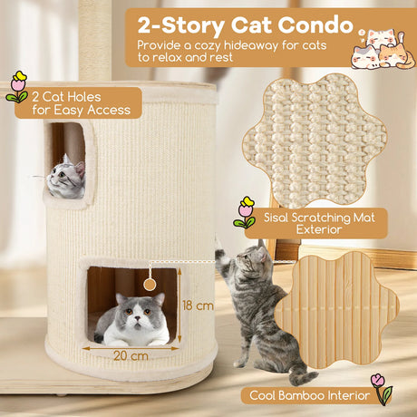 151 cm Wooden Cat Tower with Sisal Scratching Posts and Washable Plush Cushion-Natural