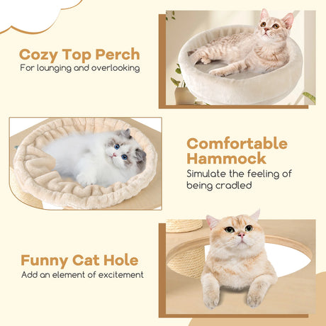 151 cm Wooden Cat Tower with Sisal Scratching Posts and Washable Plush Cushion-Natural