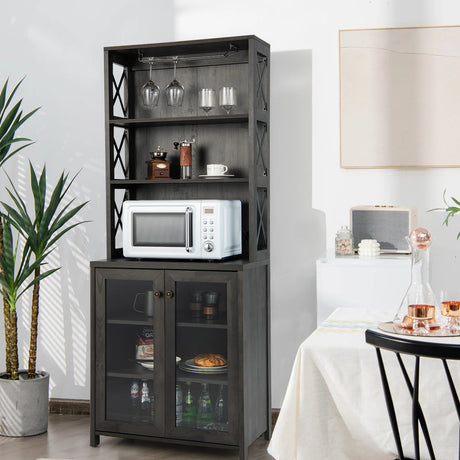 Tall Freestanding Bar Cabinet Buffet with Glass Holder and Adjustable Shelf-Gray