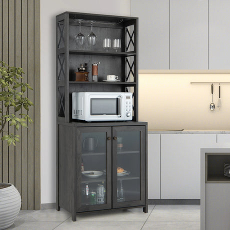 Tall Freestanding Bar Cabinet Buffet with Glass Holder and Adjustable Shelf-Gray