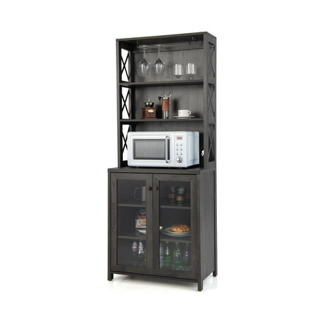 Tall Freestanding Bar Cabinet Buffet with Glass Holder and Adjustable Shelf-Gray