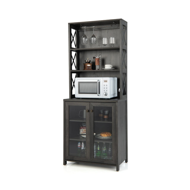 Tall Freestanding Bar Cabinet Buffet with Glass Holder and Adjustable Shelf-Gray