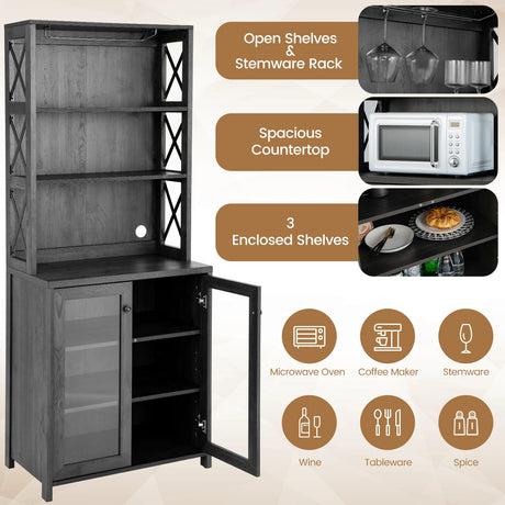 Tall Freestanding Bar Cabinet Buffet with Glass Holder and Adjustable Shelf-Gray