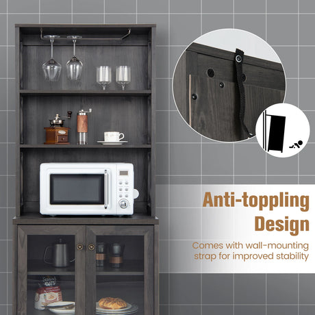 Tall Freestanding Bar Cabinet Buffet with Glass Holder and Adjustable Shelf-Gray