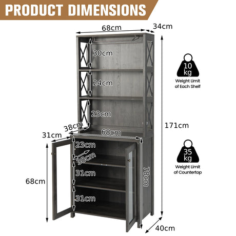 Tall Freestanding Bar Cabinet Buffet with Glass Holder and Adjustable Shelf-Gray