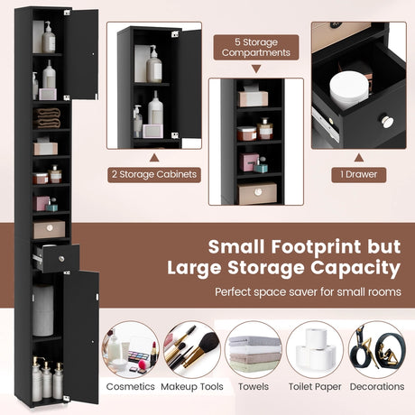 180CM Tall Freestanding Bathroom Cabinet with 2 Doors and 1 Drawer-Black