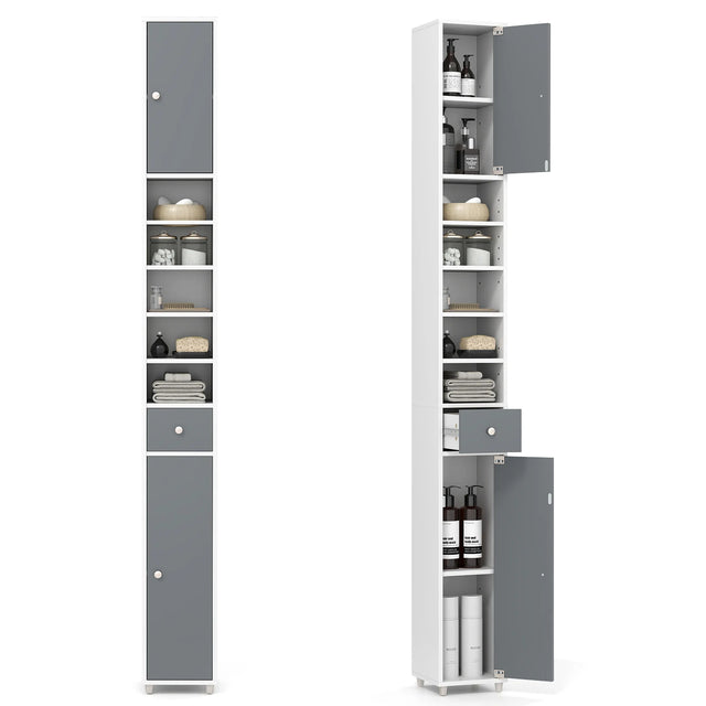 180CM Tall Freestanding Bathroom Cabinet with 2 Doors and 1 Drawer-Gray & White