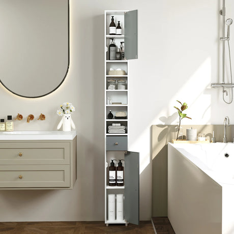 180CM Tall Freestanding Bathroom Cabinet with 2 Doors and 1 Drawer-Gray & White
