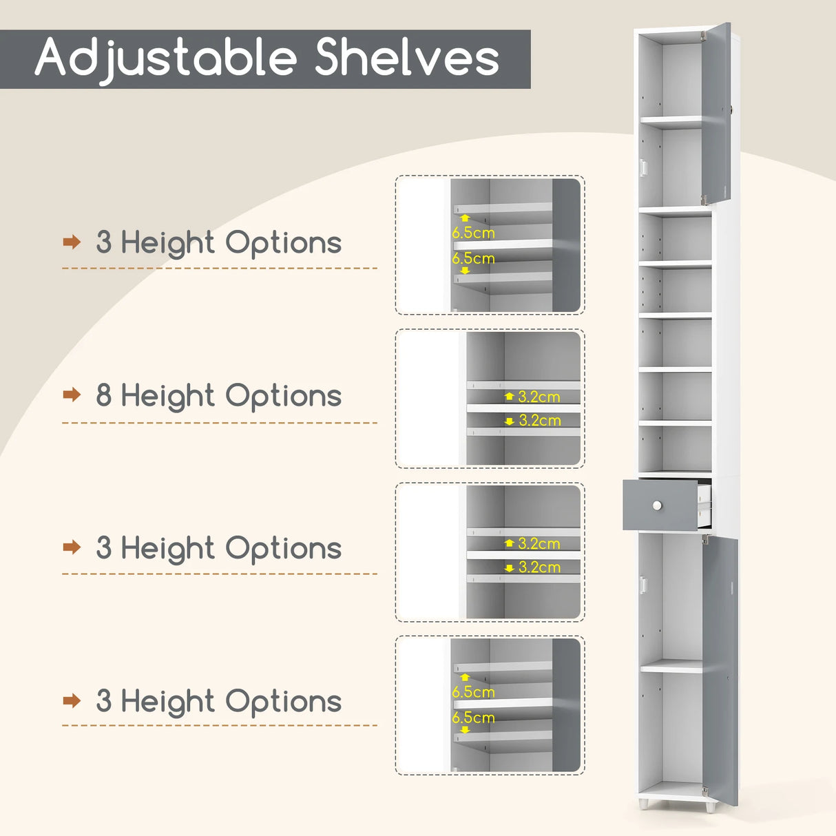 180CM Tall Freestanding Bathroom Cabinet with 2 Doors and 1 Drawer-Gray & White