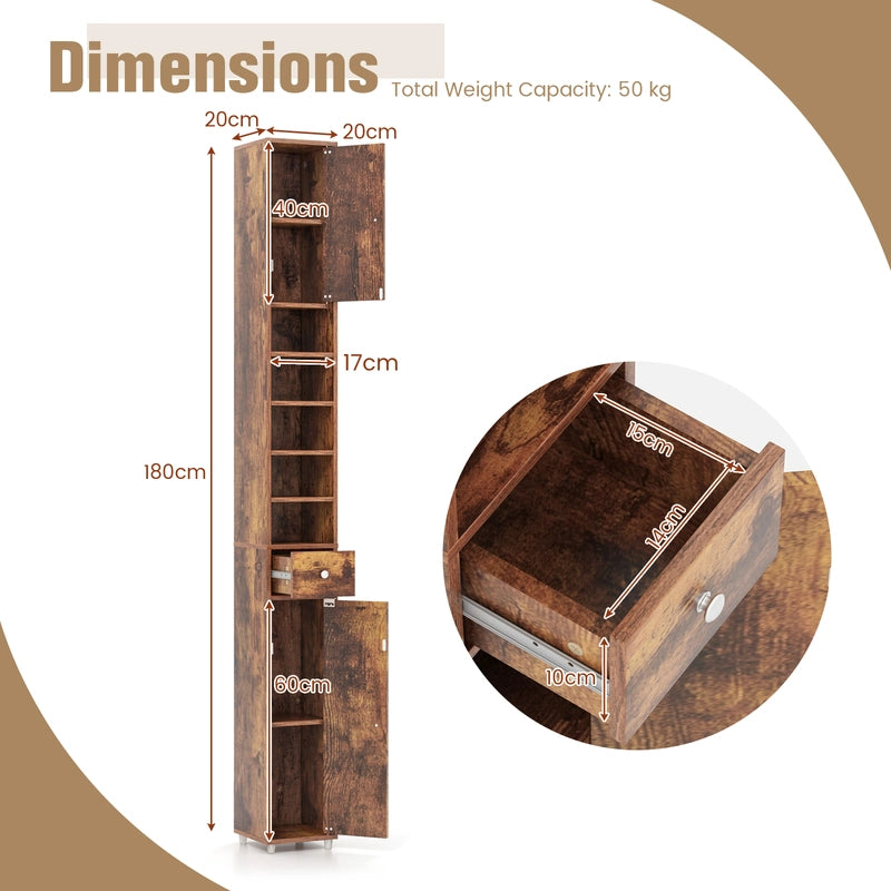 Bathroom cabinet tall cabinet narrow bathroom cabinet with 2 doors 20 x 20 x 180 cm brown