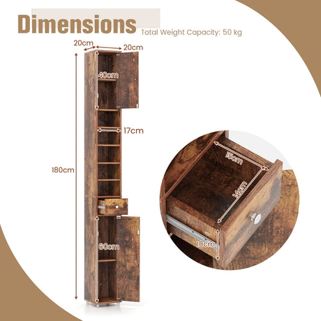 Bathroom cabinet tall cabinet narrow bathroom cabinet with 2 doors 20 x 20 x 180 cm brown