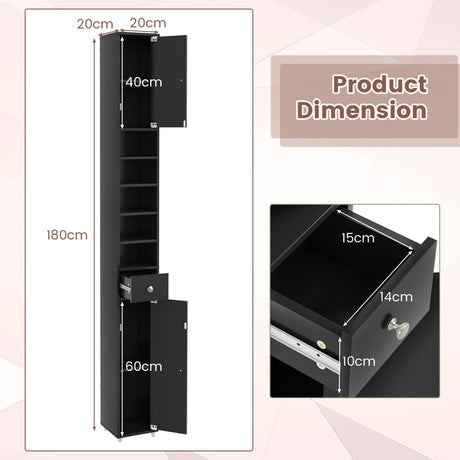 180CM Tall Freestanding Bathroom Cabinet with 2 Doors and 1 Drawer-Black