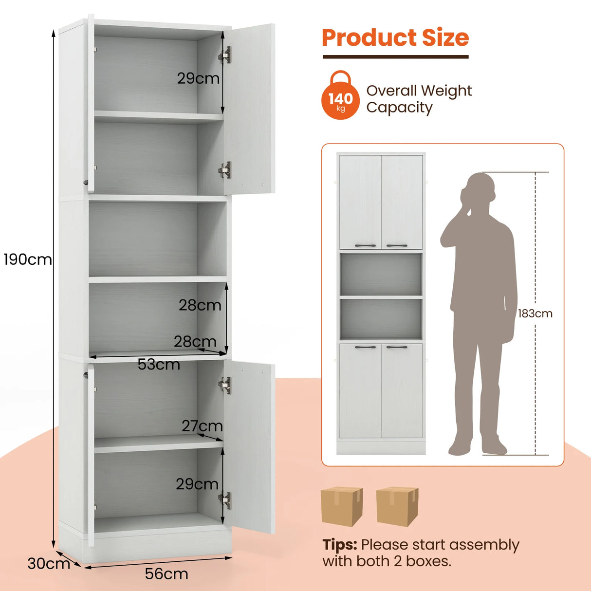 75 Inch Kitchen Pantry Cabinet Tall Cupboard with Doors and Shelves-White Oak