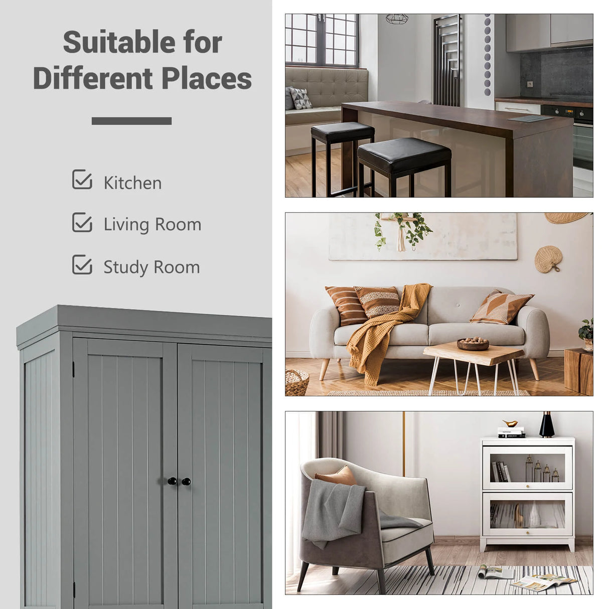 4-Door Tall Kitchen Sideboard with Adjustable Shelves-Grey