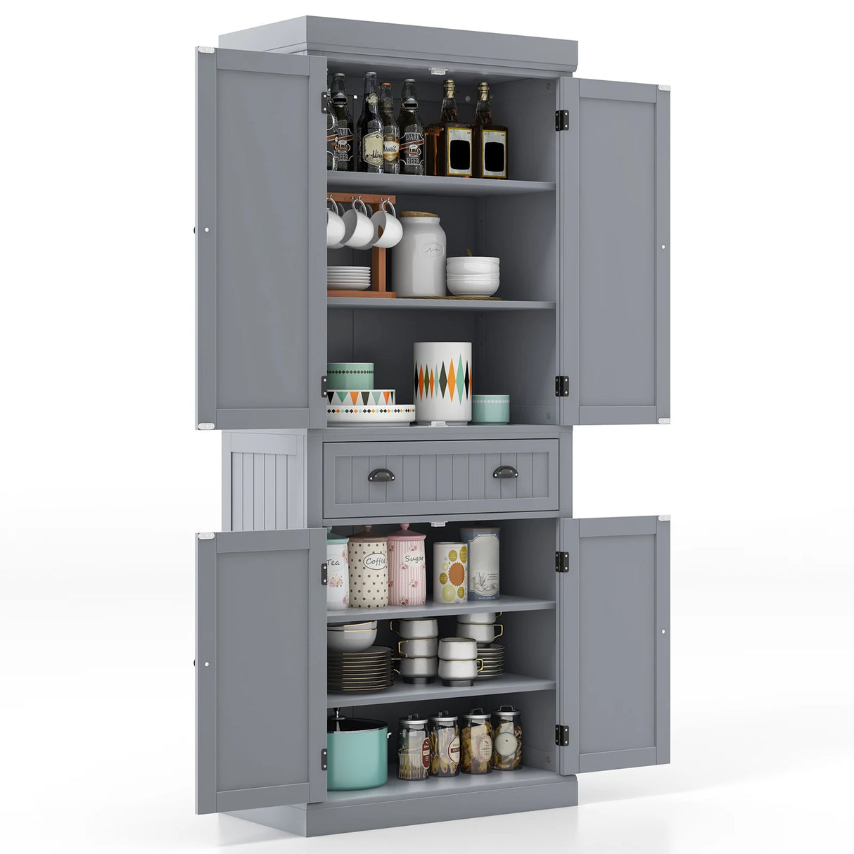 4-Door Tall Kitchen Sideboard with Adjustable Shelves-Grey