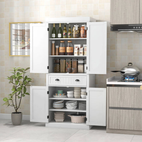 4-Door Tall Kitchen Sideboard with Adjustable Shelves-White