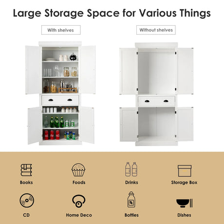 4-Door Tall Kitchen Sideboard with Adjustable Shelves-White
