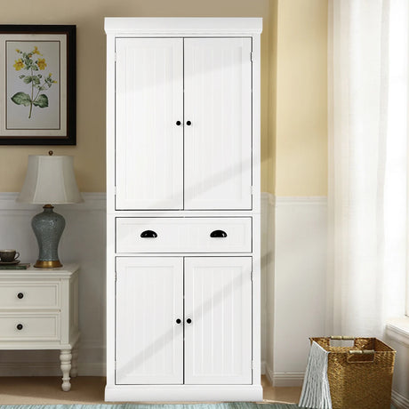 4-Door Tall Kitchen Sideboard with Adjustable Shelves-White