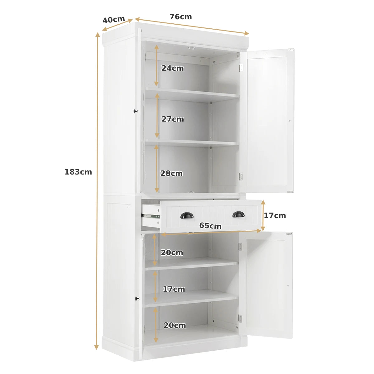 4-Door Tall Kitchen Sideboard with Adjustable Shelves-White