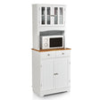 Kitchen Pantry Cabinet with Wood Top and Hutch-White