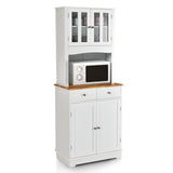 Kitchen Pantry Cabinet with Wood Top and Hutch-White
