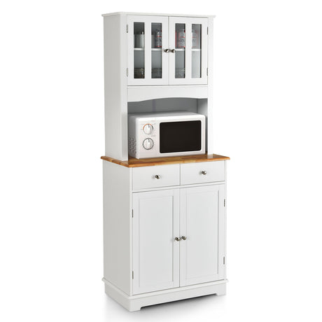 Kitchen Pantry Cabinet with Wood Top and Hutch-White