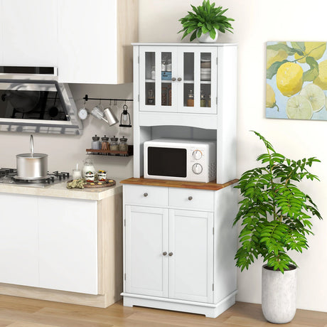 Kitchen Pantry Cabinet with Wood Top and Hutch-White