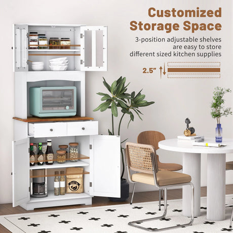 Kitchen Pantry Cabinet with Wood Top and Hutch-White