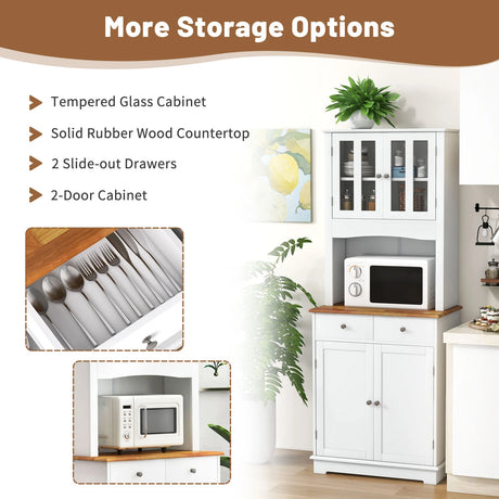 Kitchen Pantry Cabinet with Wood Top and Hutch-White