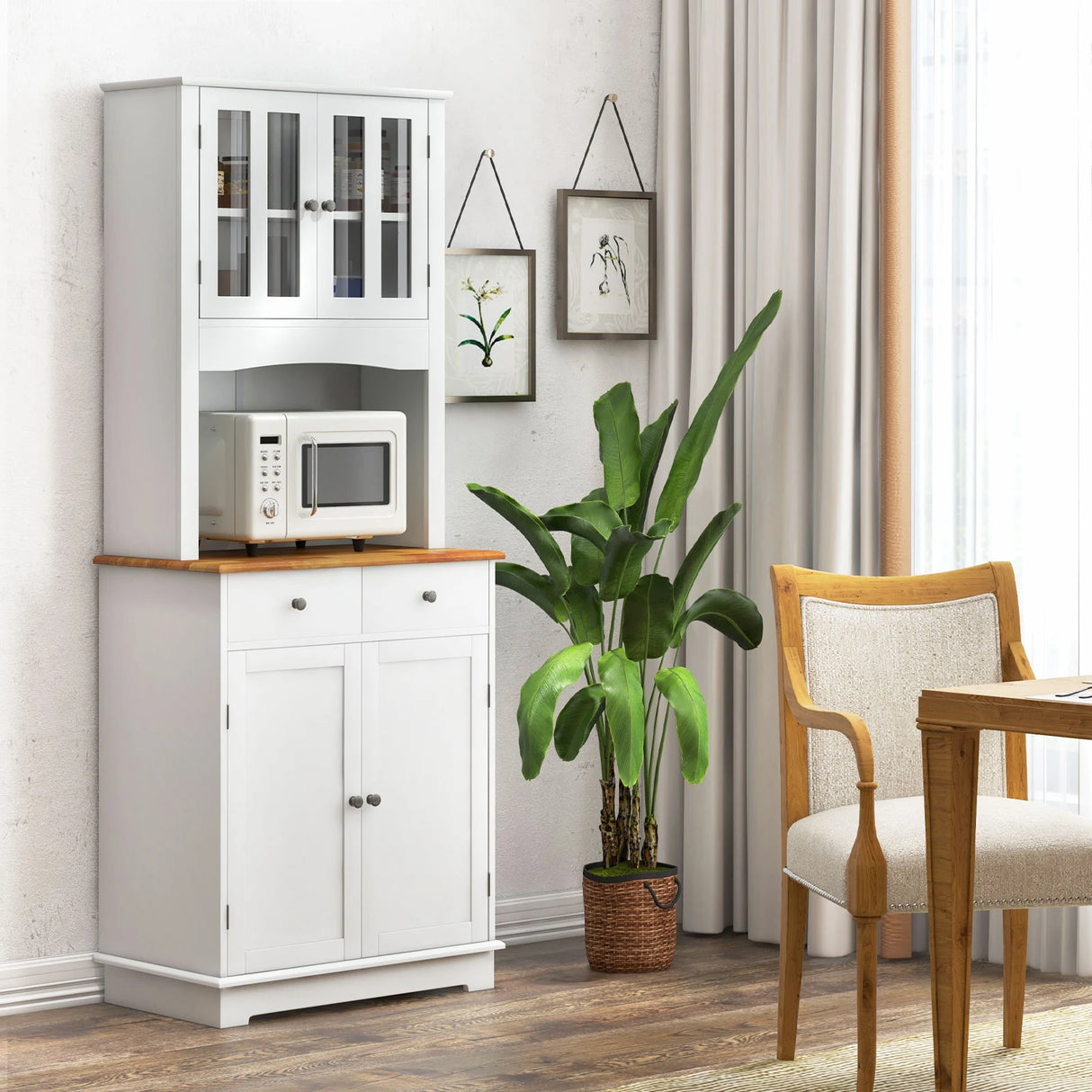 Kitchen Pantry Cabinet with Wood Top and Hutch-White