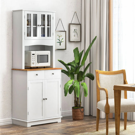 Kitchen Pantry Cabinet with Wood Top and Hutch-White