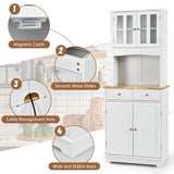 Kitchen Pantry Cabinet with Wood Top and Hutch-White