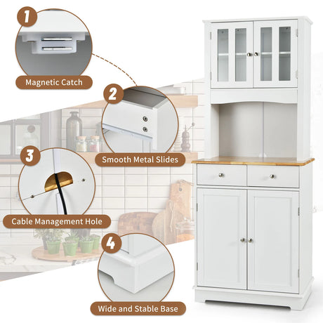 Kitchen Pantry Cabinet with Wood Top and Hutch-White