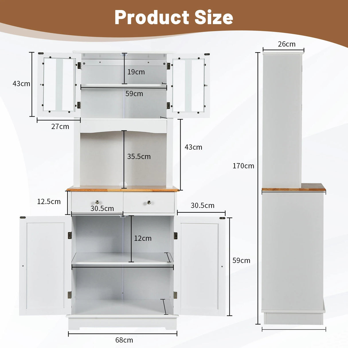 Kitchen Pantry Cabinet with Wood Top and Hutch-White