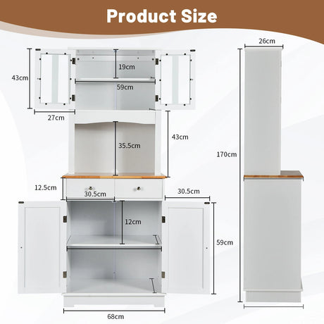 Kitchen Pantry Cabinet with Wood Top and Hutch-White