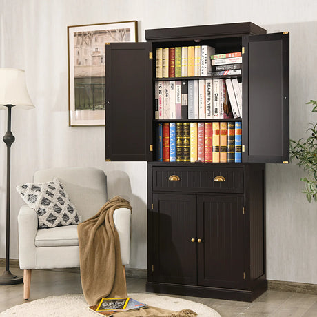4-Door Tall Kitchen Sideboard with Adjustable Shelves-Coffee