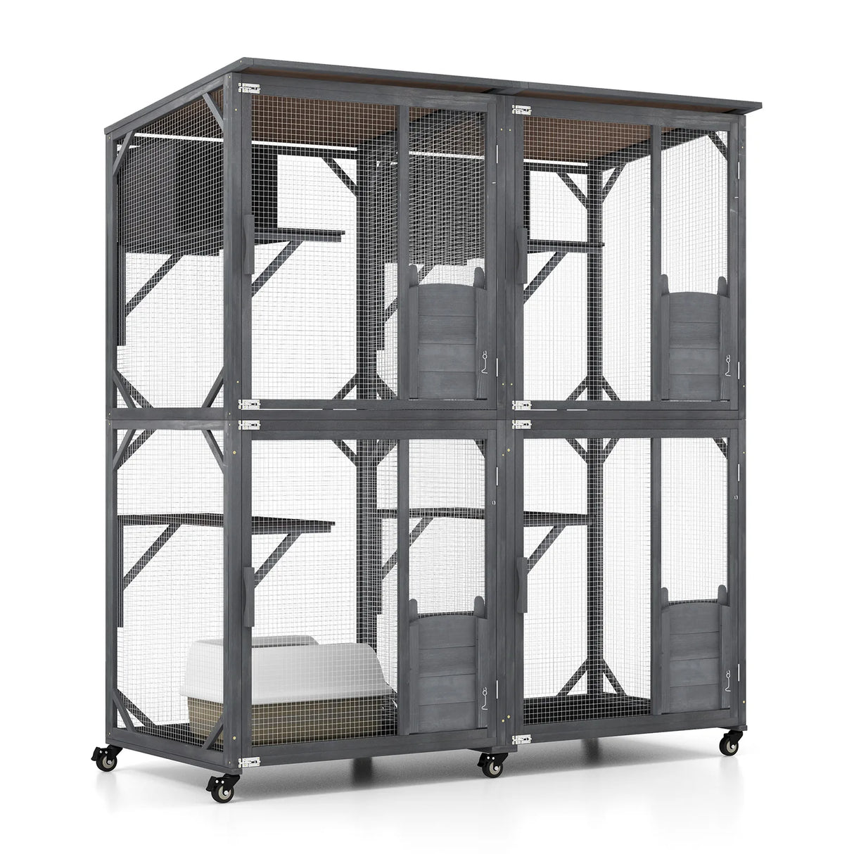 72 Inch Large Wooden Cat House Catio Kitten Enclosure on Wheels with Weatherproof Asphalt Roof-Gray