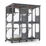 72 Inch Large Wooden Cat House Catio Kitten Enclosure on Wheels with Weatherproof Asphalt Roof-Gray