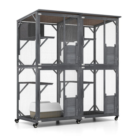 72 Inch Large Wooden Cat House Catio Kitten Enclosure on Wheels with Weatherproof Asphalt Roof-Gray