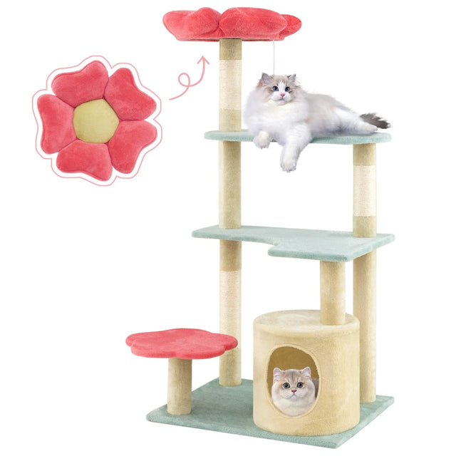 Multi-Level Aesthetic Floral Kitten Tower with Flower-Shaped Plush Padded Perch-Red