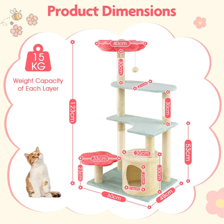 Multi-Level Aesthetic Floral Kitten Tower with Flower-Shaped Plush Padded Perch-Red