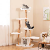 66 Inch Tall Solid Wood Cat Tree Modern Wooden Cat Tower with Perch-White