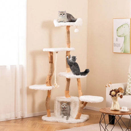 66 Inch Tall Solid Wood Cat Tree Modern Wooden Cat Tower with Perch-White