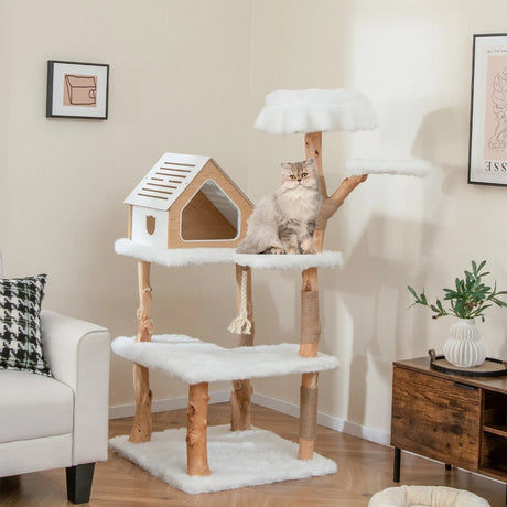 150cm Tall Solid Wood Cat Tree with 2 Perches and Condo-White