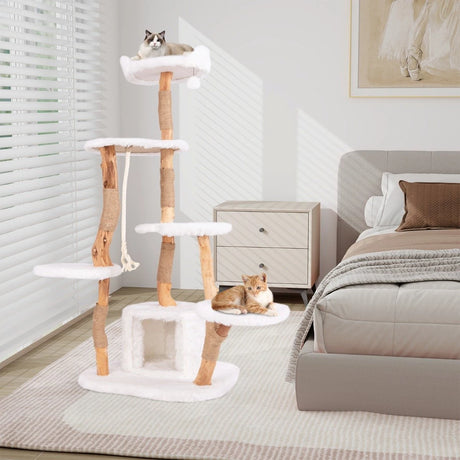 66 Inch Tall Solid Wood Cat Tree Modern Wooden Cat Tower with Perch-White