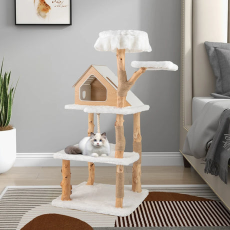 150cm Tall Solid Wood Cat Tree with 2 Perches and Condo-White