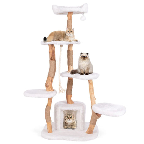 66 Inch Tall Solid Wood Cat Tree Modern Wooden Cat Tower with Perch-White